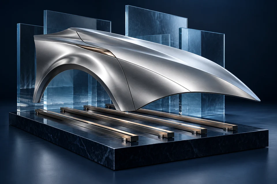 Conceptual artwork of sculpted silver automotive bodywork and precise glass logistics rails.