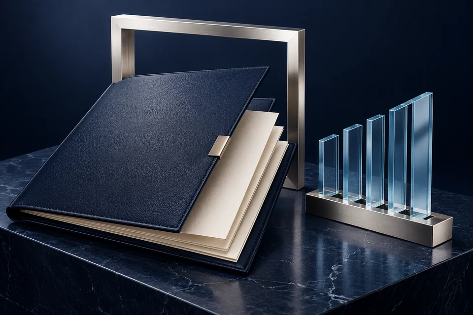 Conceptual artwork of a blank document folio, a silver architectural frame and ordered glass planes.