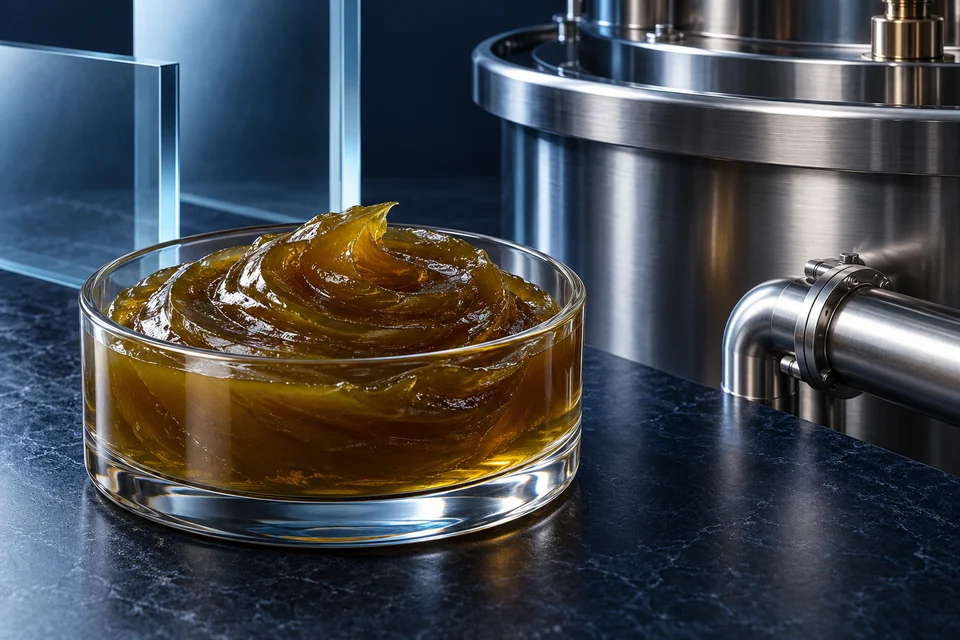 Conceptual still life of amber Moroccan soft soap, clear glass and refined stainless-steel processing elements.