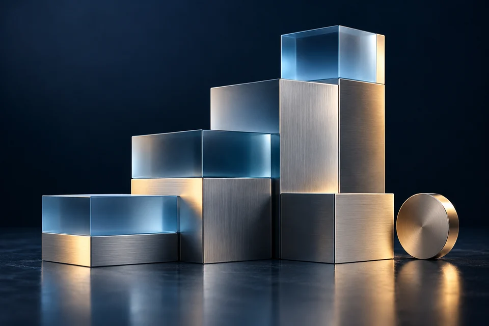 Precisely stacked glass and metal modules on a dark studio surface.