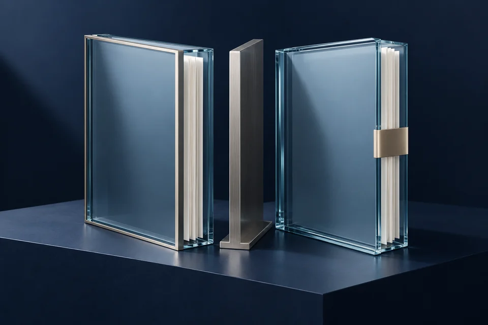 Two distinct translucent glass dossiers separated by a machined silver divider.