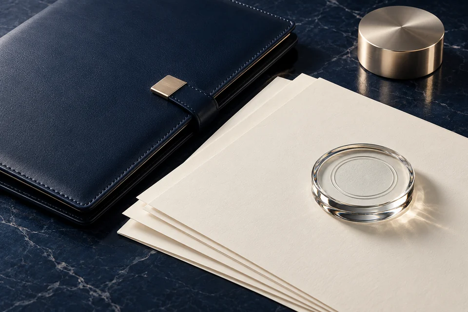 A refined paper folio and clear embossed glass seal without insignia or text.
