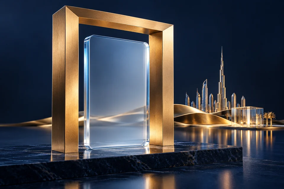Satin gold architectural gateway enclosing a translucent glass residency card without text.
