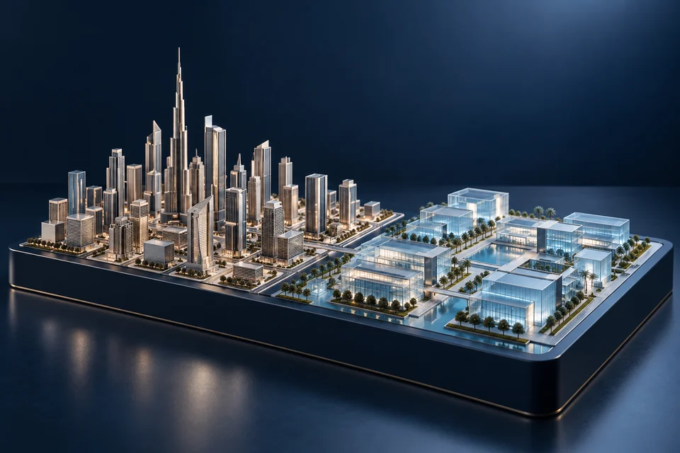 Architectural model pairing a city district with a glass business campus.
