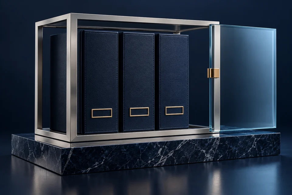 An ordered set of architectural files enclosed by a precise silver frame.